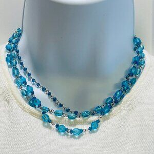 EUC 3-Strand ZAD Choker/Necklace, Blue Beaded, Silver-Tone Chain, 15" L+ 2"